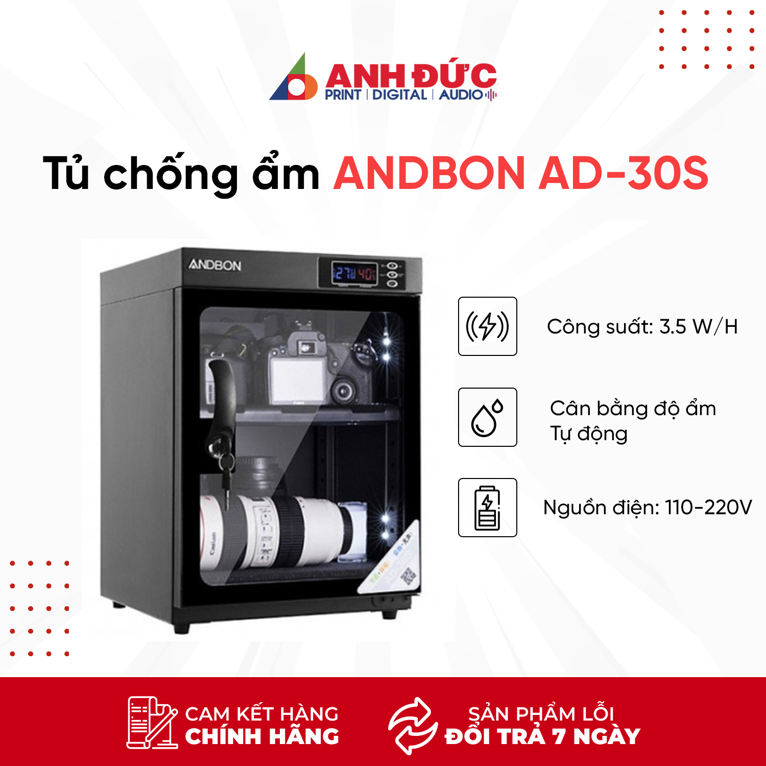 Tủ chống ẩm ANDBON AD-30S - Hàng chính hãng Full VAT, CO CQ