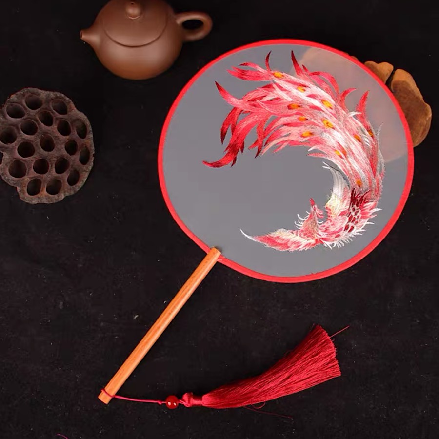 QUẠT TRÒN CỔ TRANG TÔ CHÂU THÊU 2 MẶT HOẢ PHƯỢNG HOÀNG