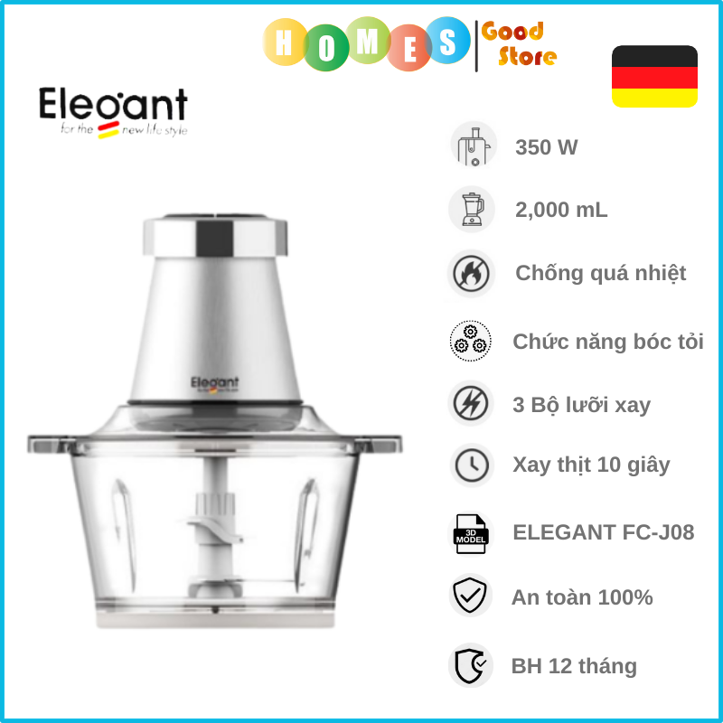 Máy Xay Thịt Đa Năng Thương Hiệu Đức ELEGANT FC-J08 Xay Thực Phẩm, Bóc Tỏi, Đánh Trứng Dung Tích 2L Công Suất 350W - Hàng Chính Hãng