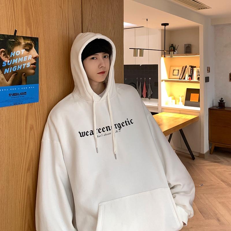 Áo hoodie dài tay lót nhung dáng rộng in chữ phong cách Hàn Quốc thời trang thu đông cho nam