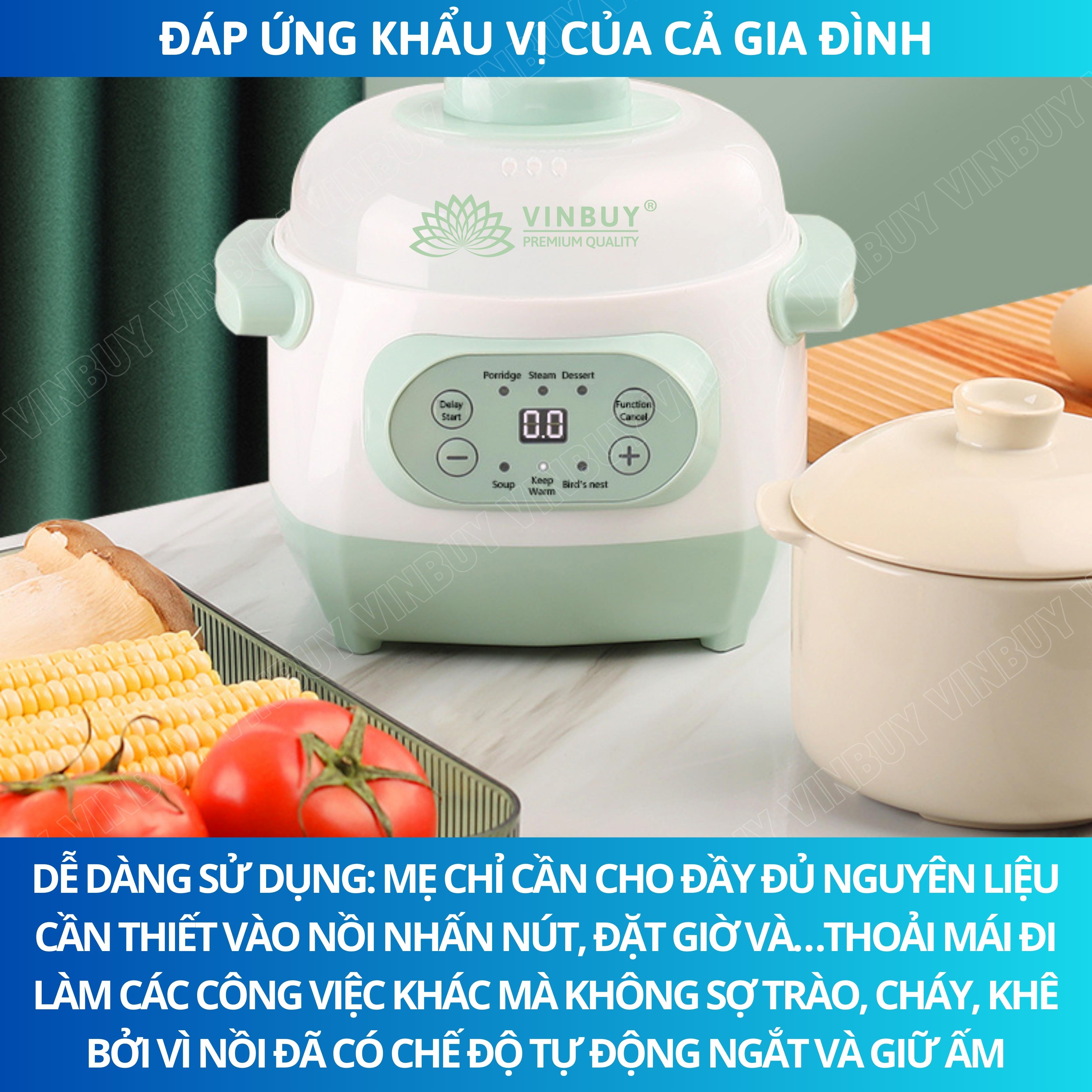 Nồi chưng yến, nồi nấu chậm, nồi tiềm thuốc bắc, nồi nấu cháo cho bé giữ trọn chất dinh dưỡng, dung tích 1 lít, công suất 200W - Hàng chính hãng VINBUY