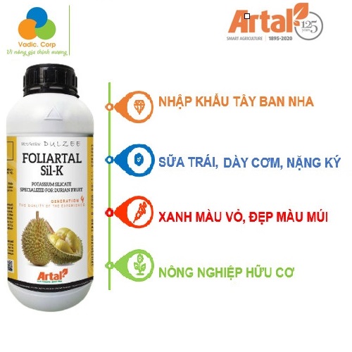 Phân bón 2 trong 1 FOLIARTAL SIL -K chuyên sầu riêng sửa trái, tròn trái, dày cơm nặng kí, lên màu múi đẹp (chai 500 -1000 ml)