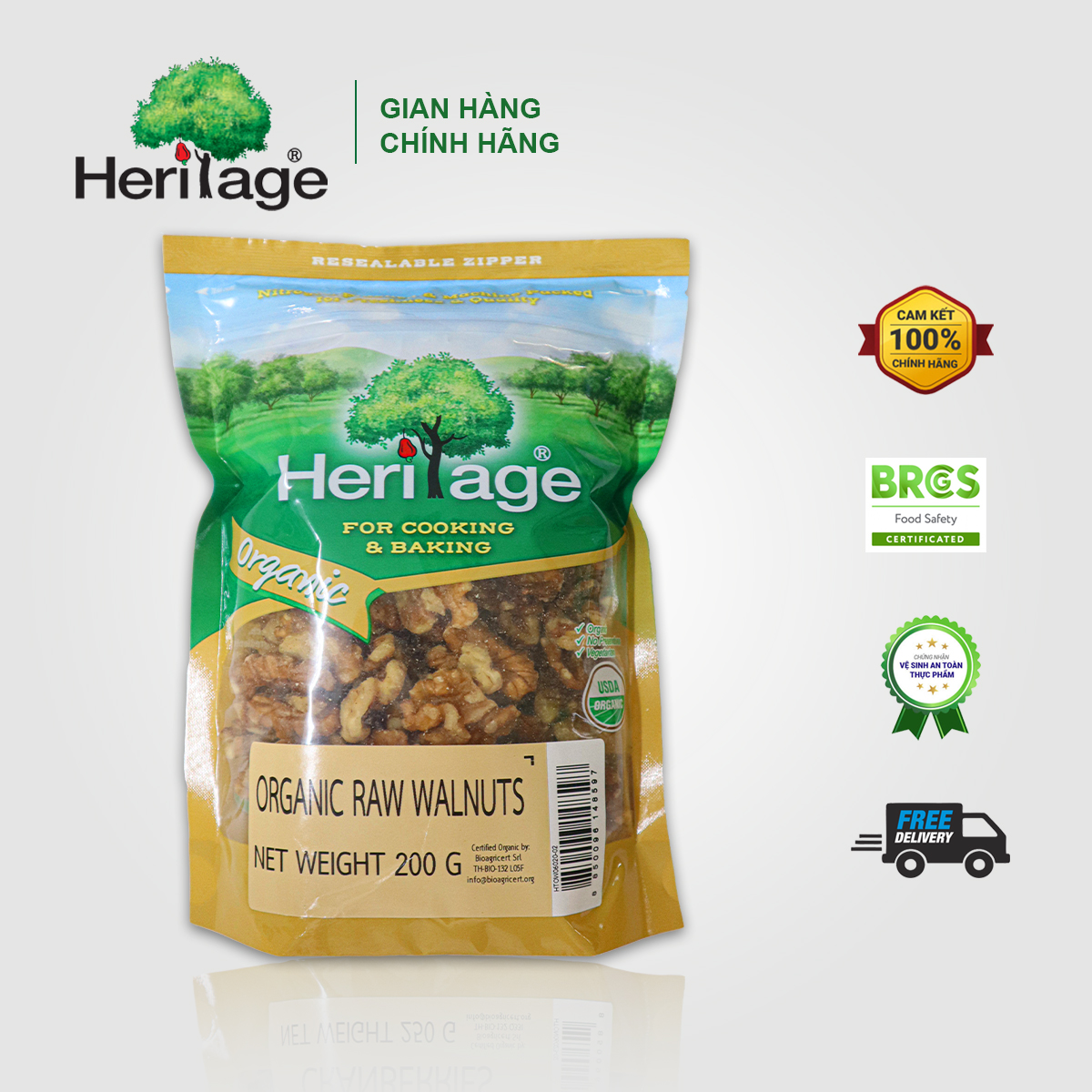 Hạt Óc Chó Tách Vỏ Hữu Cơ Heritage , chứng nhận USDA Mỹ, Phù hợp bệnh nhân tiểu đường, cải thiện chức năng sinh lí - Organic Raw Walnut - 200gr