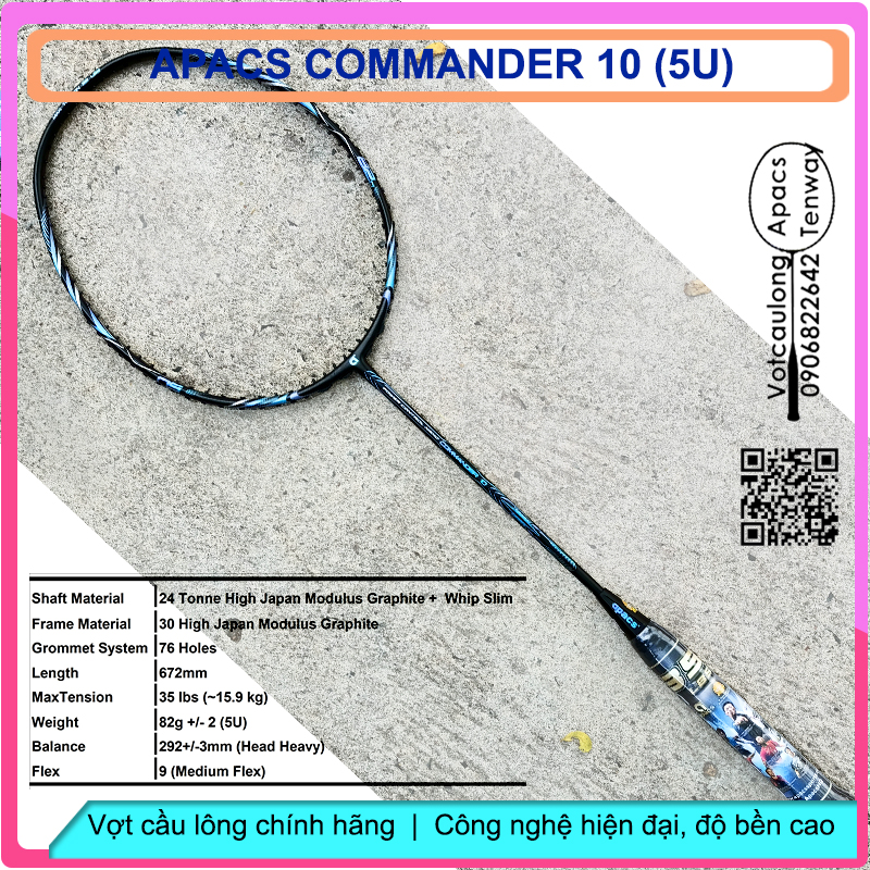 [Vợt cầu lông Apacs Commander 10 Black Blue- 5U] – Vợt nặng đầu thiên công, tiên phong công nghệ New Japan High-modulus graphite