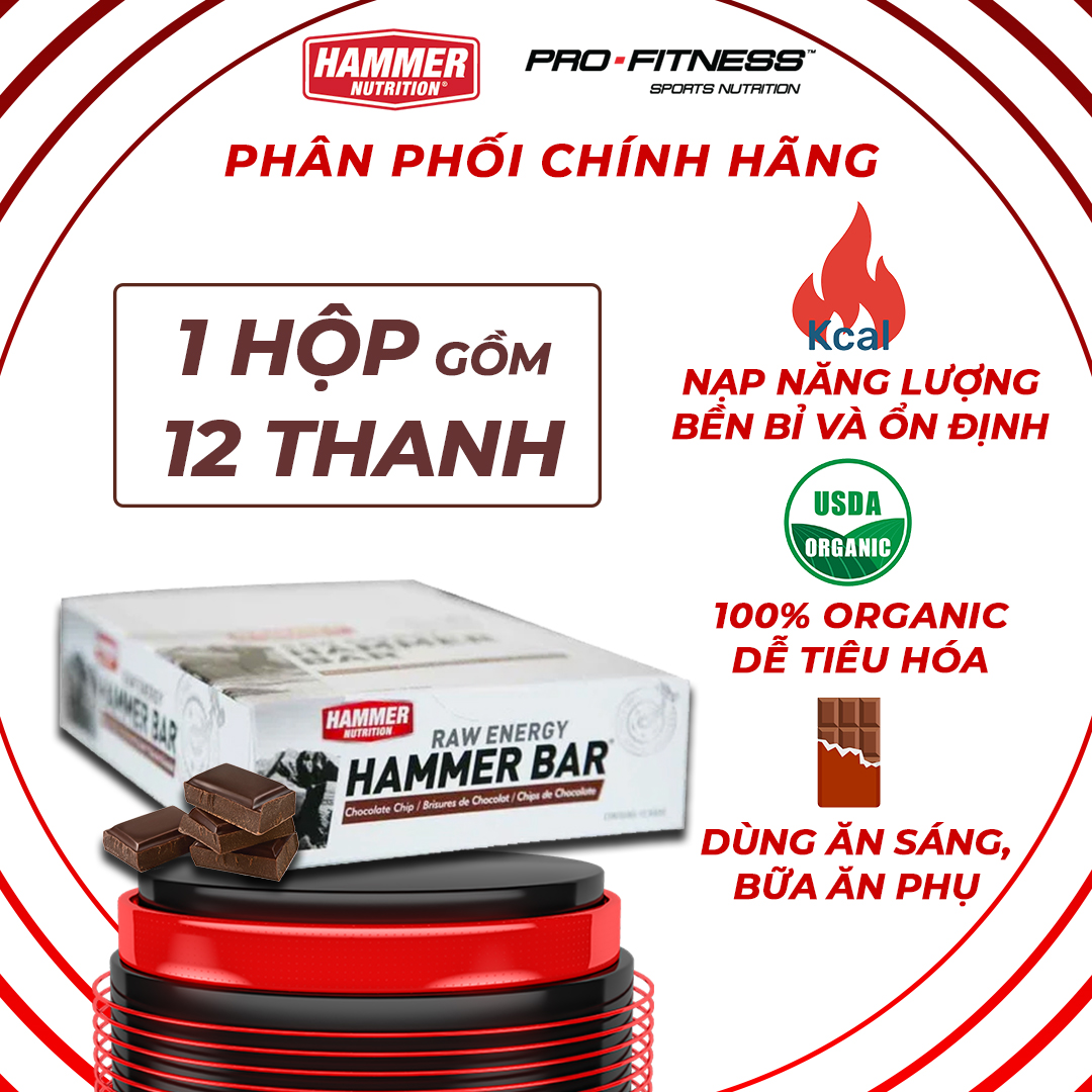 Thanh Năng Lượng Raw Energy Bar - Bổ Sung Năng Lượng Và Dinh Dưỡng Khi Luyện Tập, Thi Đấu Thanh 50G - Choco Chip - Hộp 12 Thanh