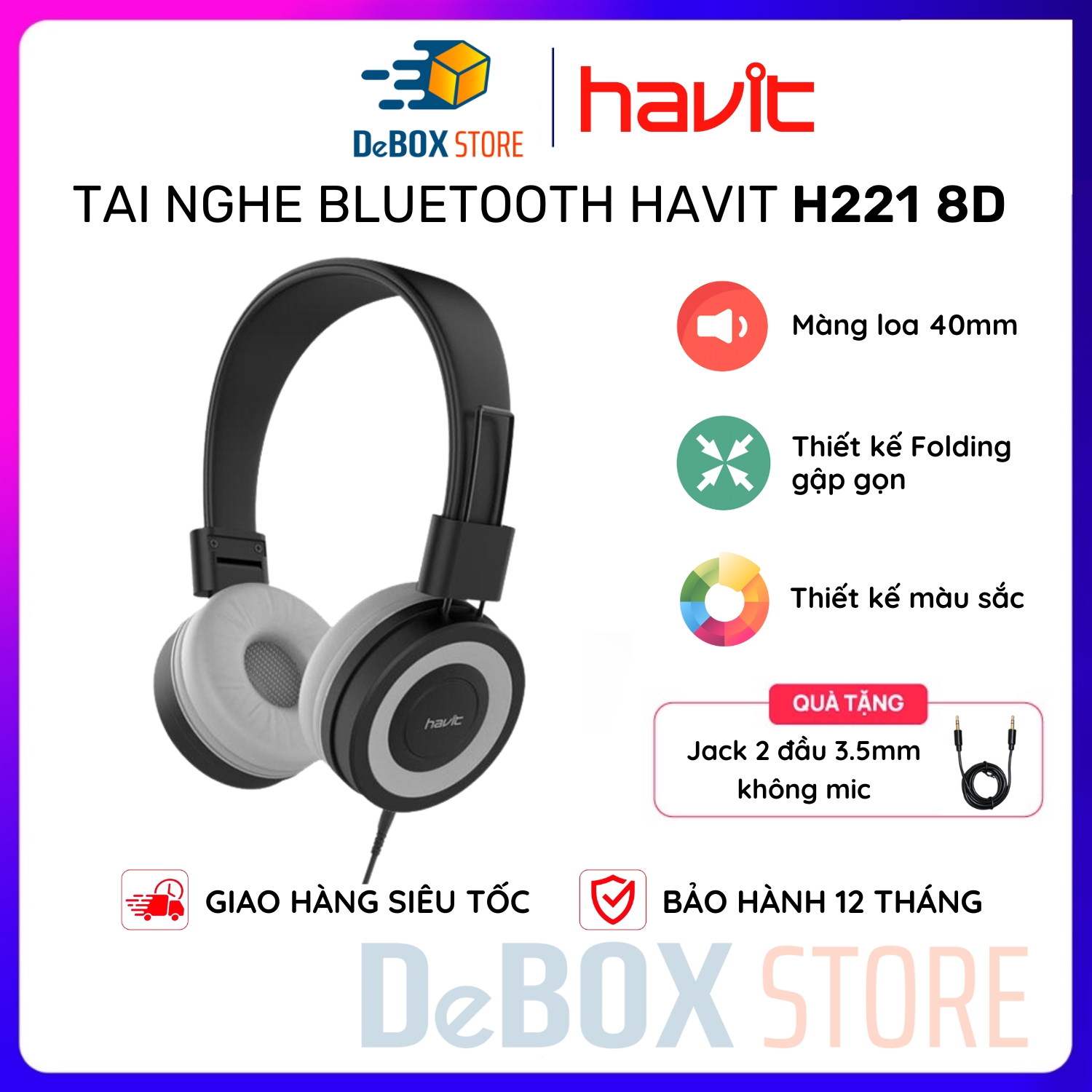 Tai Nghe Headphone HAVIT H2218D, Đa Màu Sắc, Driver 40mm Âm Thanh Sống, Có Mic jack 3.5mm - Hàng Chính Hãng