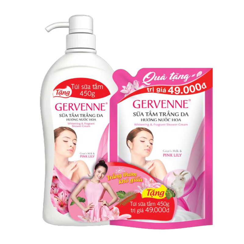 Gervenne Sữa tắm trắng da hương nước hoa Goas't Milk &amp; Pink Lily 900g+Tặng túi sữa tắm 450g