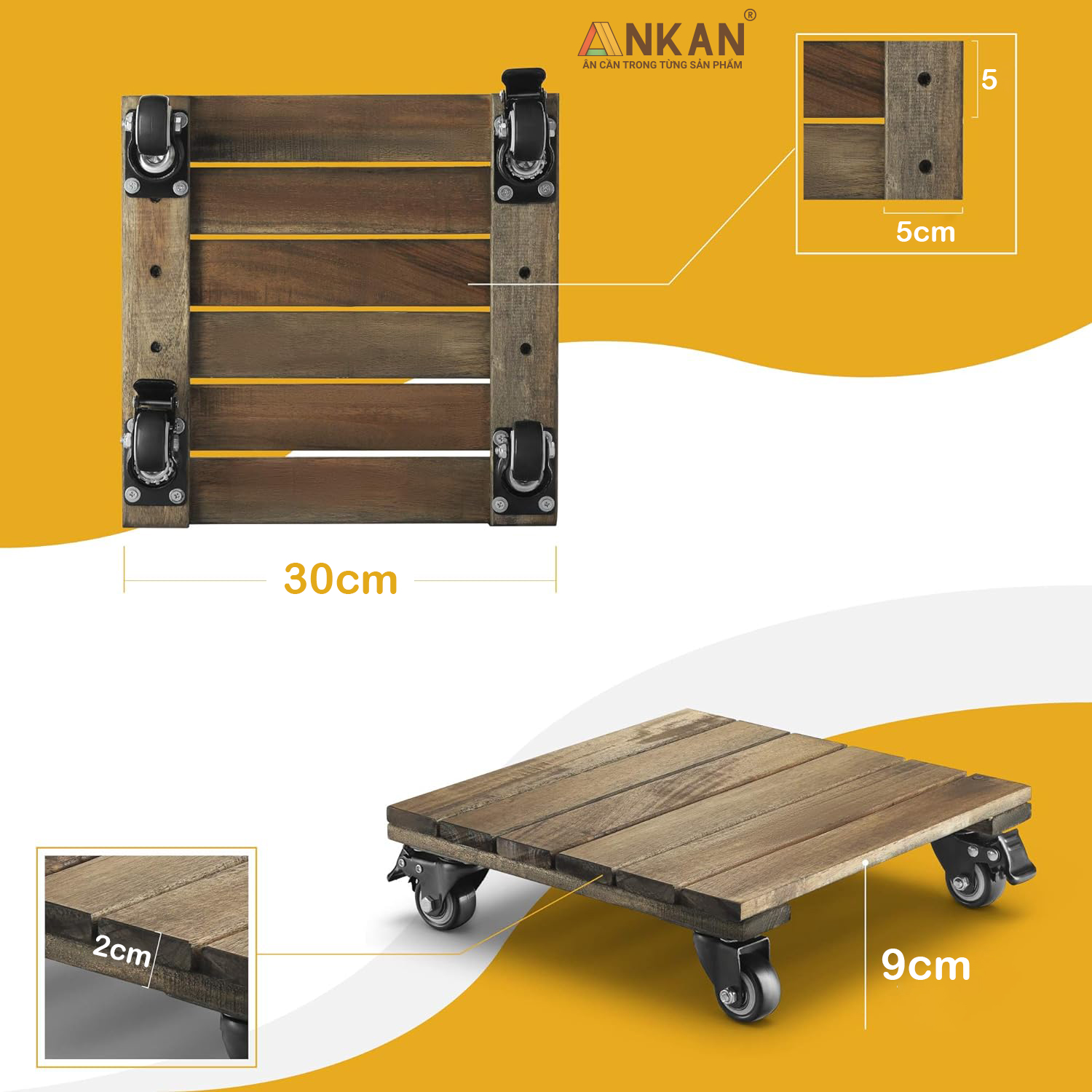 Kệ Chậu Cây Có Bánh Xe Hình Vuông, Cạnh 30cm, Màu Đen, Thích Hợp Để Chậu Cây Trong Nhà, Ngoài Ban Công, Sân Vườn, Tải 150Kg, Di Chuyển Êm Ái, Nhẹ Nhàng