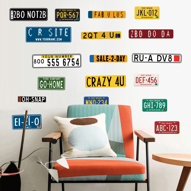 Decal dán tường 3D biển số xe phong cách hiện đại trang trí cà phê, trà sữa đẹp và độc đáo, decan có keo sẵn