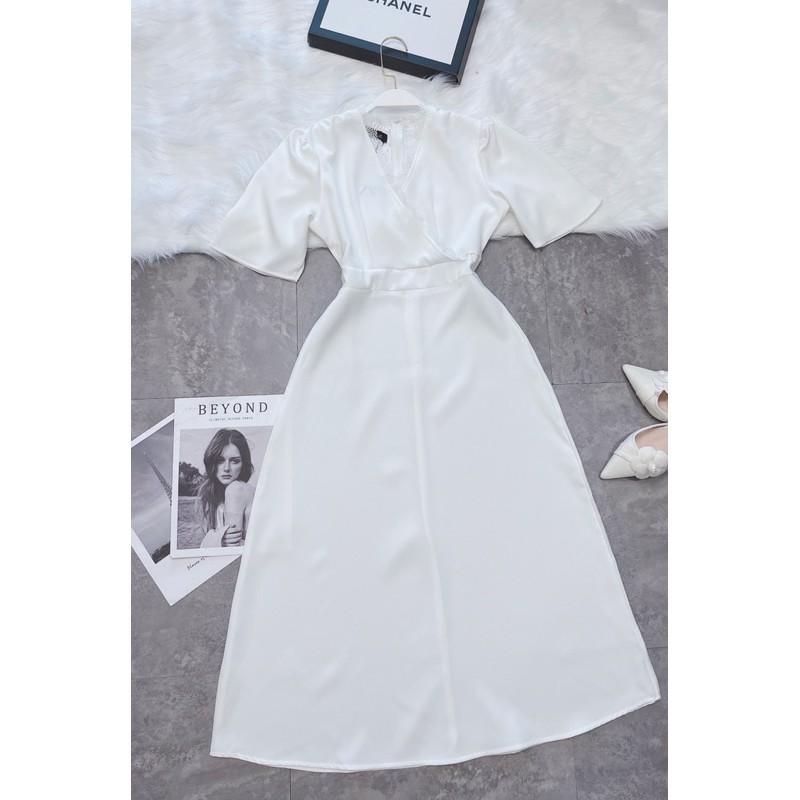 VÁY TRẮNG CỔ V PHỐI REN DÁNG DÀI CHO NỮ