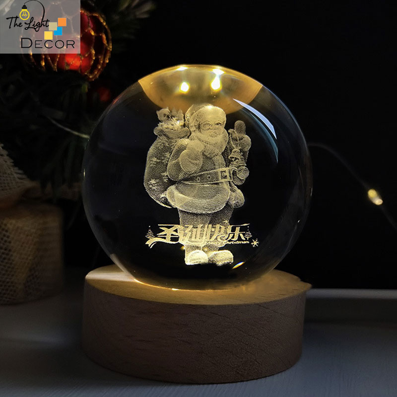 Bộ Quà Tặng Giáng Sinh 2023 Quả Cầu Pha Lê 3D Đèn Led Noel 6cm (Kèm đế đèn + hộp quà)