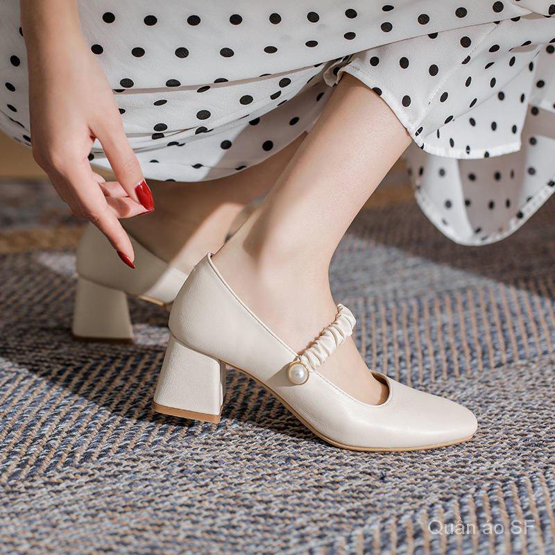 Mary Jane Women's Shoes Autumn Shoes French Style Wanwan Lei Style Closed Toe Sandals Gentle Flat Mid-High Heel Thin FQus