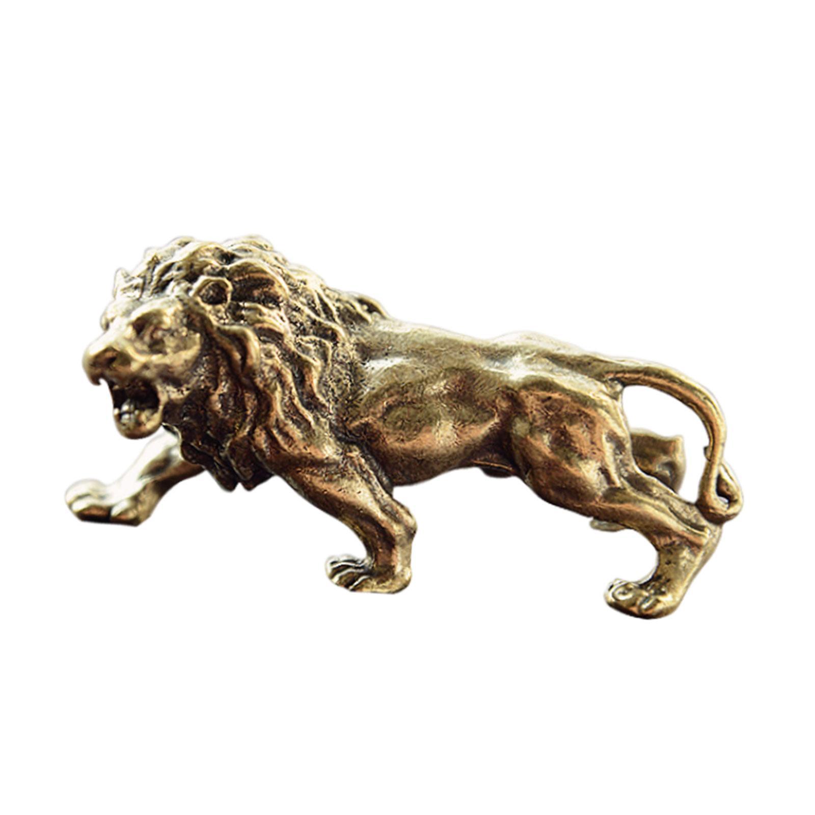 Lion Statues Crafts Miniature Brass Collectible Feng Shui Animal Statue Retro Ornament Animal Figurine for Desk Living Room Car Decoration