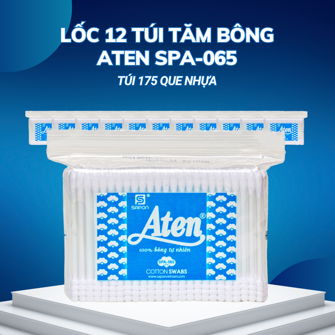 Lốc 12 túi Tăm bông Aten người lớn thân nhựa túi 175 que SPA-065