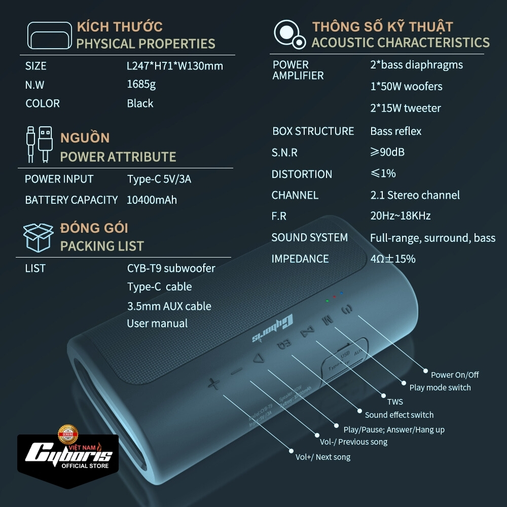 Loa Bluetooth Cyboris T9, Công suất 80W, Chống nước IPX5, Pin 10400mAh. Loa siêu Bass. Hàng Chính Hãng. Bảo hành 18 tháng