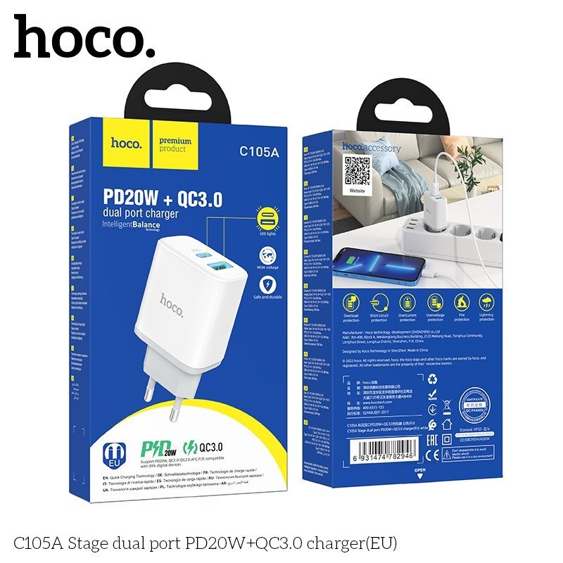 Hình ảnh Cóc Sạc Nhanh Hoco. Dành Cho C105A Pd20W + Qc3.0 2 Cổng Sạc USB Và Type-C Có Đèn Led Hàng Chính Hãng