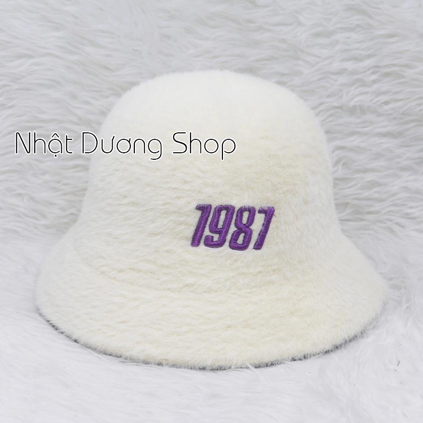 Nón Lông Thỏ Bucket Nữ Thời Trang Cao Câp, nón tai bèo vành cụp lông thỏ hàng quảng châu thêu số 1987.
