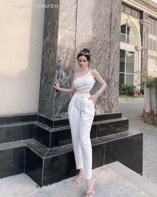 Sét áo 1 vai cách điệu quần tây