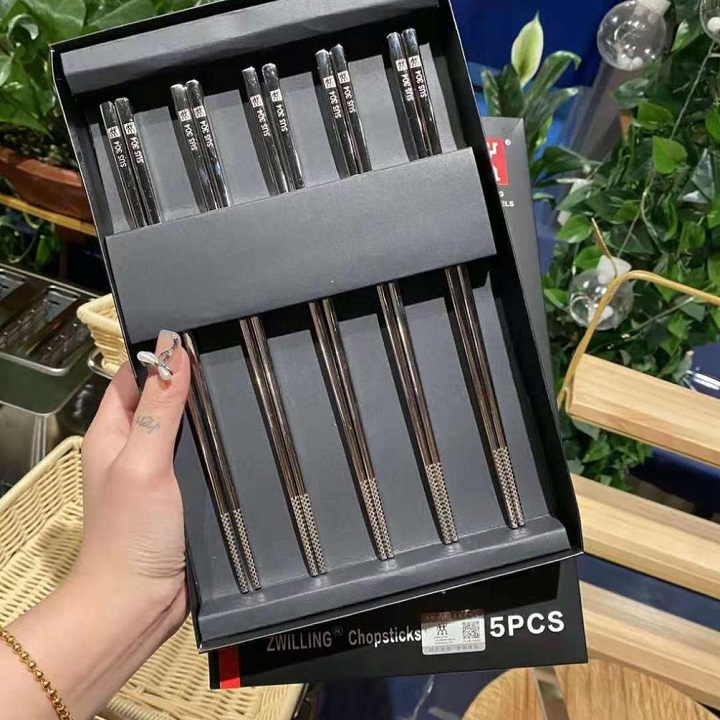 Set 5 đôi Đũa inox 304 dạng ống vuông chống trơn trượt xuất Đức hàng cao cấp