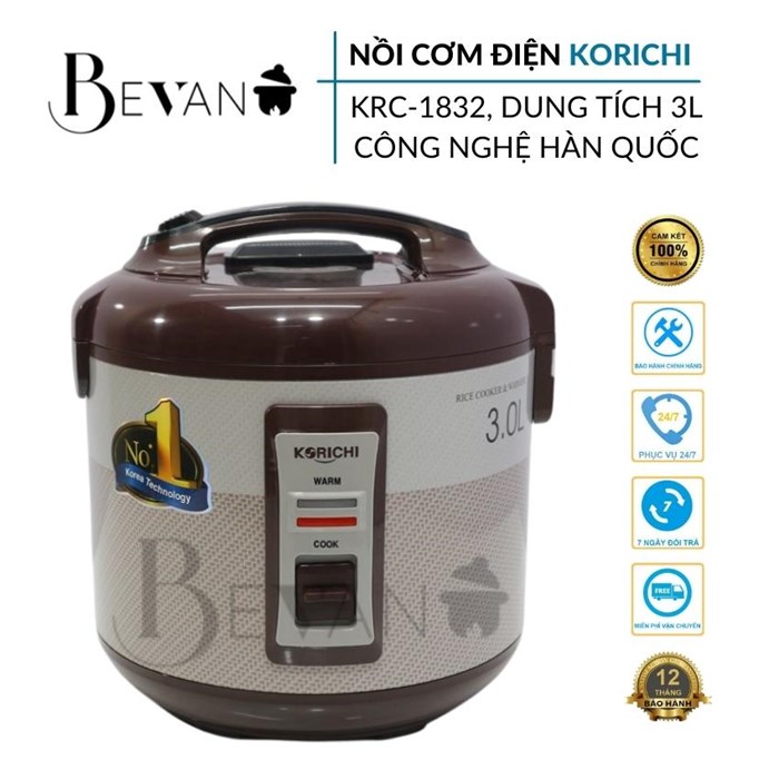 Nồi cơm điện lớn giữ ấm 12 giờ hàng chính hãng Korichi KRC-1832 Bevano, Nồi cơm điện cơ 3L không dính đa năng tiết kiệm năng lượng, thích hợp cho 8-10 người