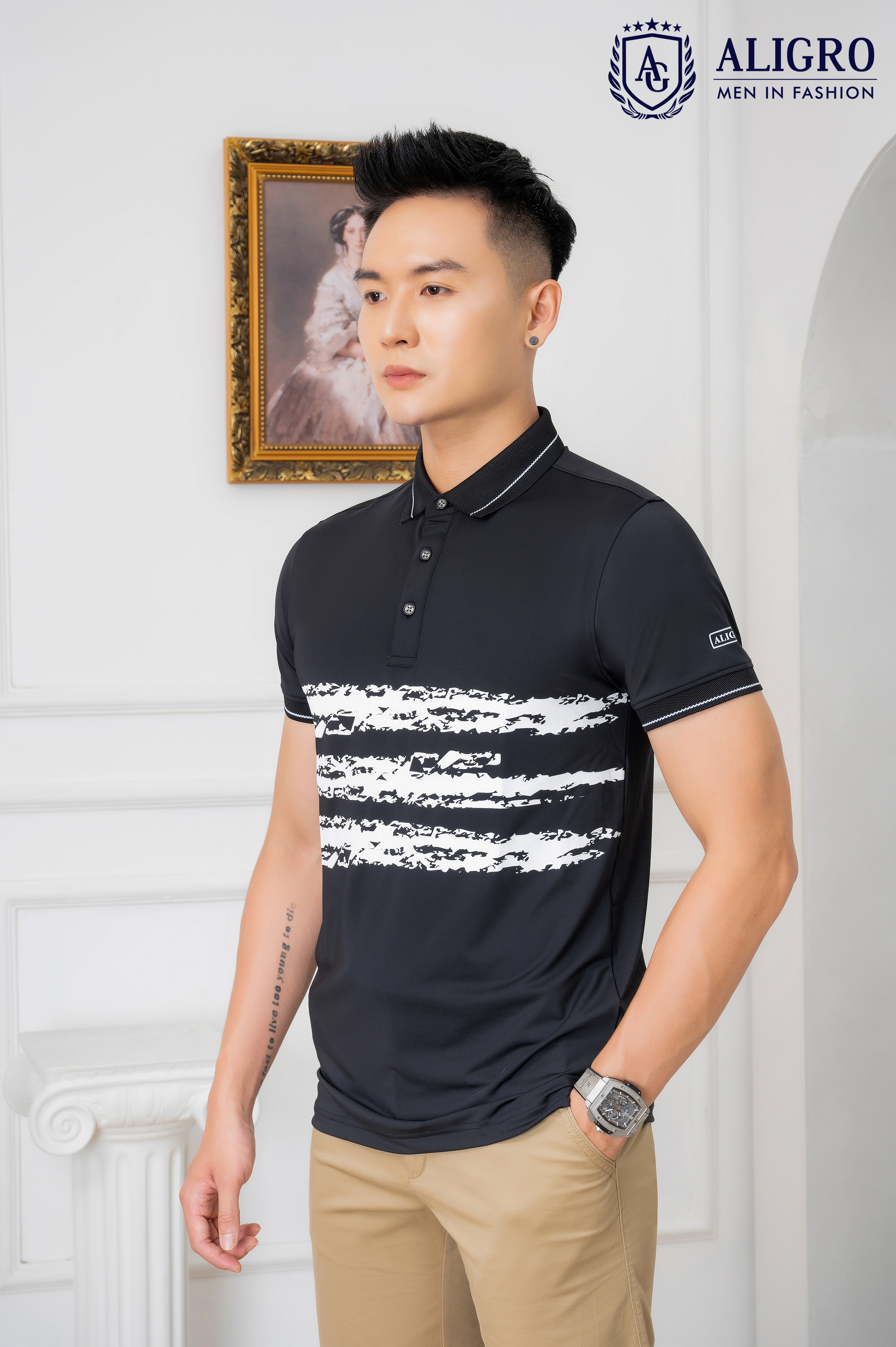 Áo Polo đen phối kẻ ngang Aligro ALGPLO73