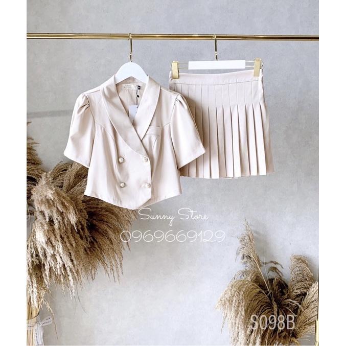 Set kẻ caro áo cổ vest + chân váy chữ A - Hàng thiết kế
