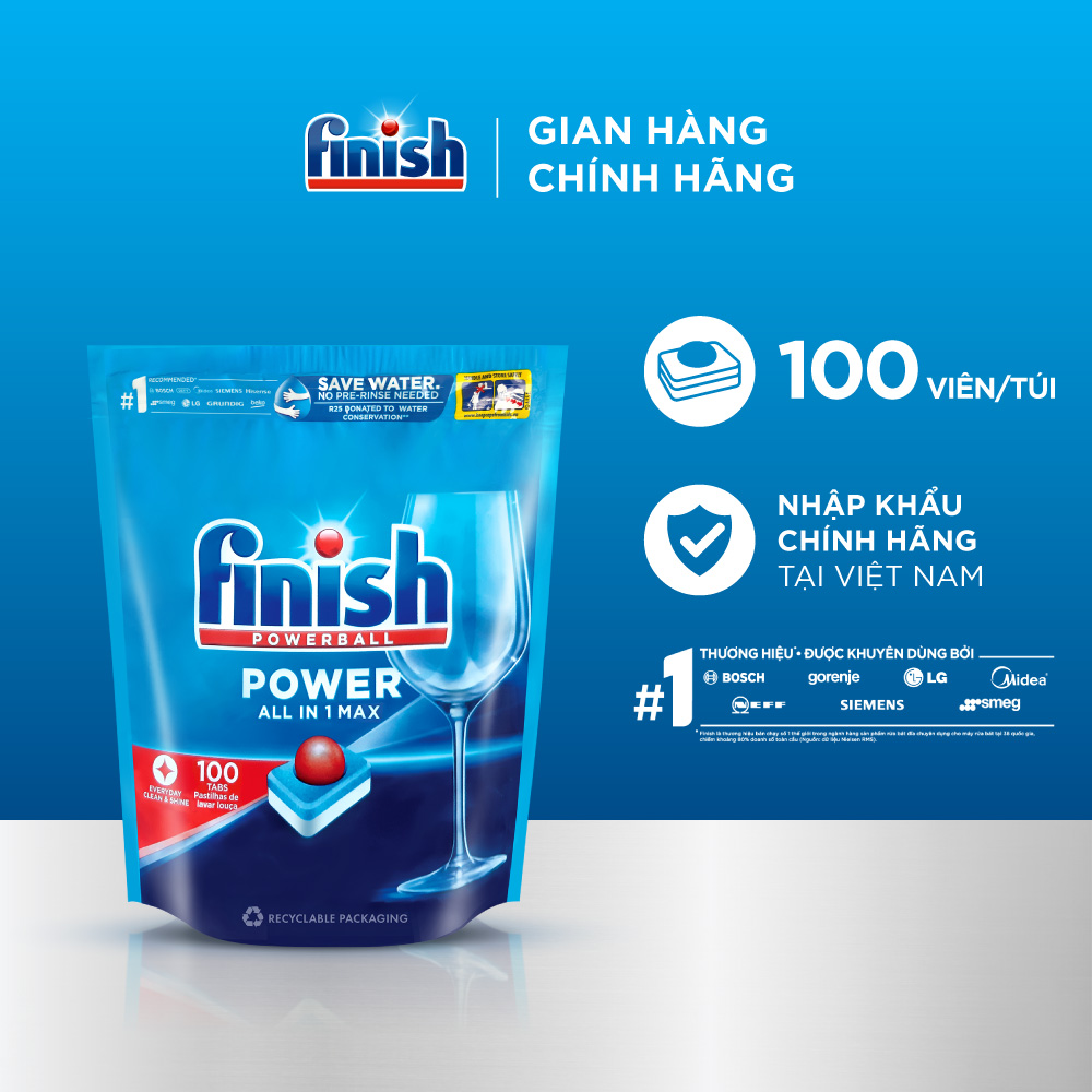 Viên Rửa Chén Bát Hương Chanh Finish Powerball Power All In 1 Max - Túi 100 viên siêu tiết kiệm
