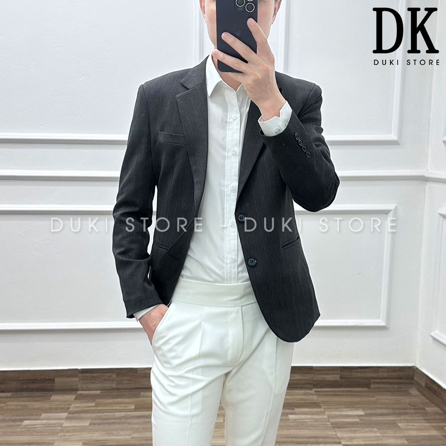 Áo vest nam, áo blazer nam 2 cúc Hàn Quốc kẻ sọc màu xám đậm lịch lãm ADK0010 - DUKI STORE