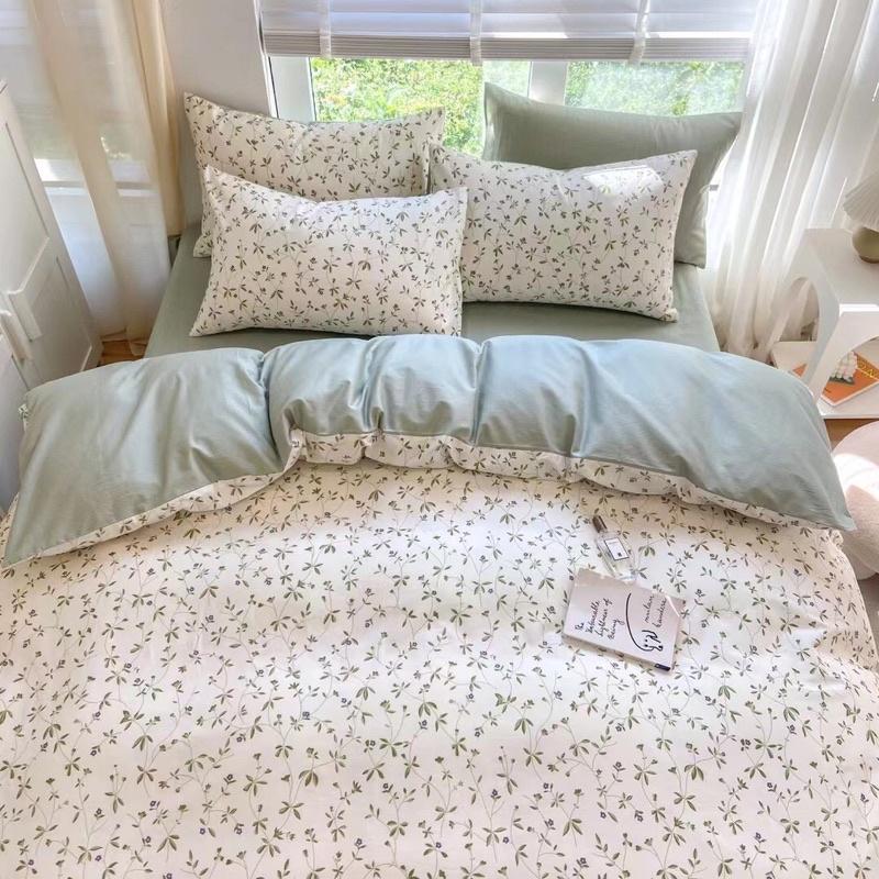 Bộ Chăn Ga Gối Cotton Living Hàng Nhập Khẩu Cao Cấp 4 Món Lá Xanh