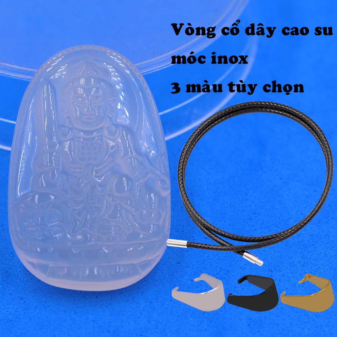 Mặt Phật Văn thù mã não trắng kèm vòng cổ dây cao su đen + móc inox trắng, mặt dây chuyền Phật bản mệnh, vòng cổ mặt Phật