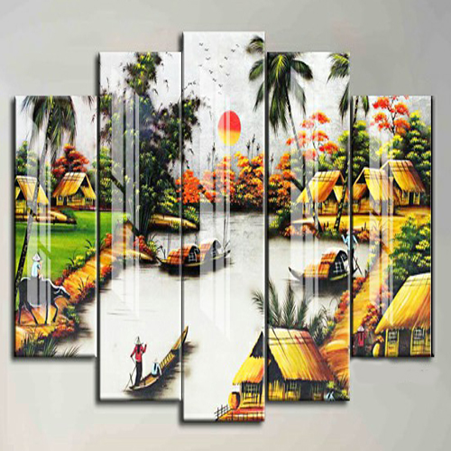 Bộ 5 - Tranh treo tường trang trí phòng khách/Đồng Quê Việt Nam 3D/Gỗ MDF Hàn Quốc phủ kim sa lấp lánh/Chống ẩm mốc, mối mọt T3M-11774
