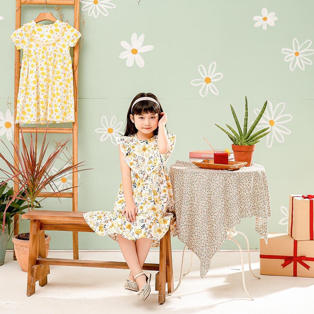Váy đầm bé gái 1 lớp hoa vàng ren bèo tam giác hè thu xinh mát hàng thiết kế MamLa