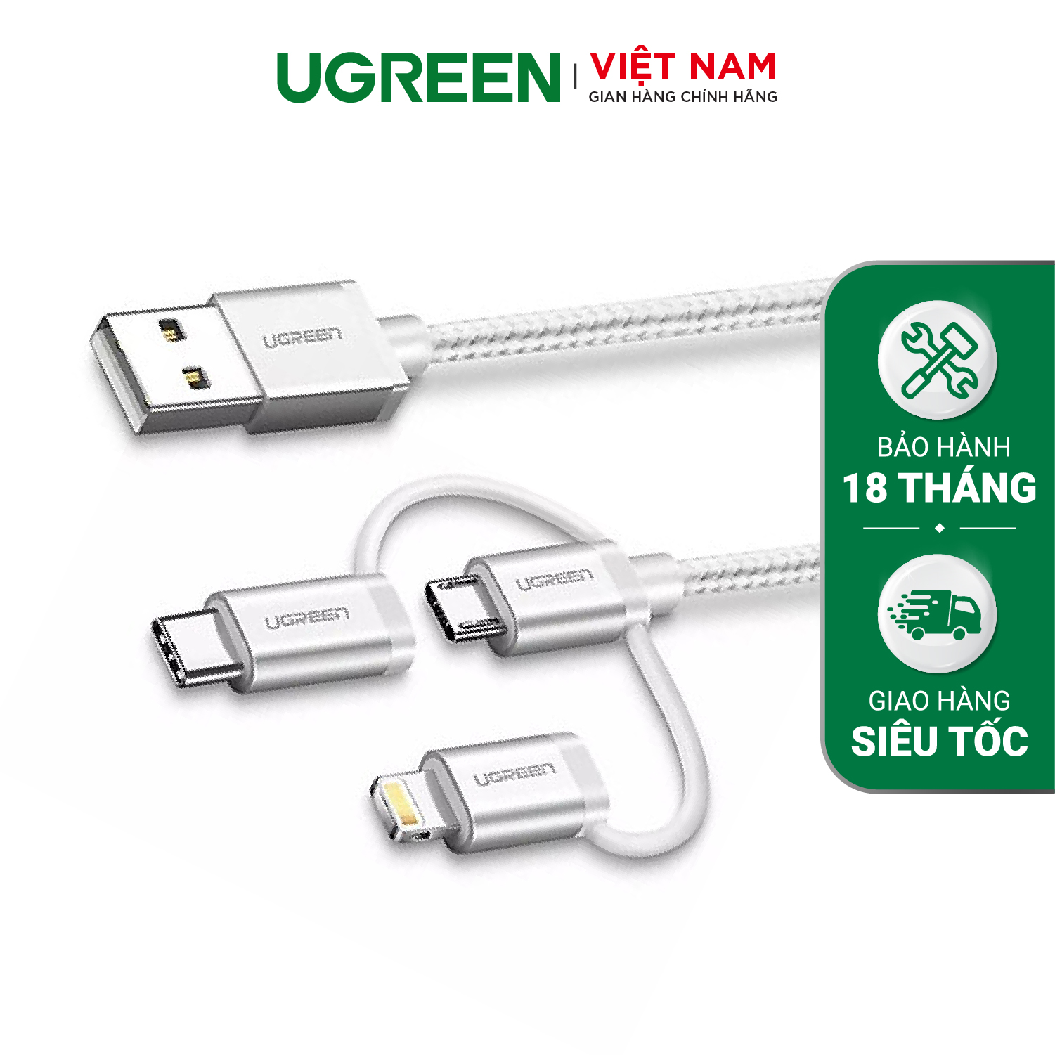 Dây cáp sạc và truyền dữ liệu 3 in 1, dài 0.5-1.5m UGREEN US186 - Hàng Chính Hãng