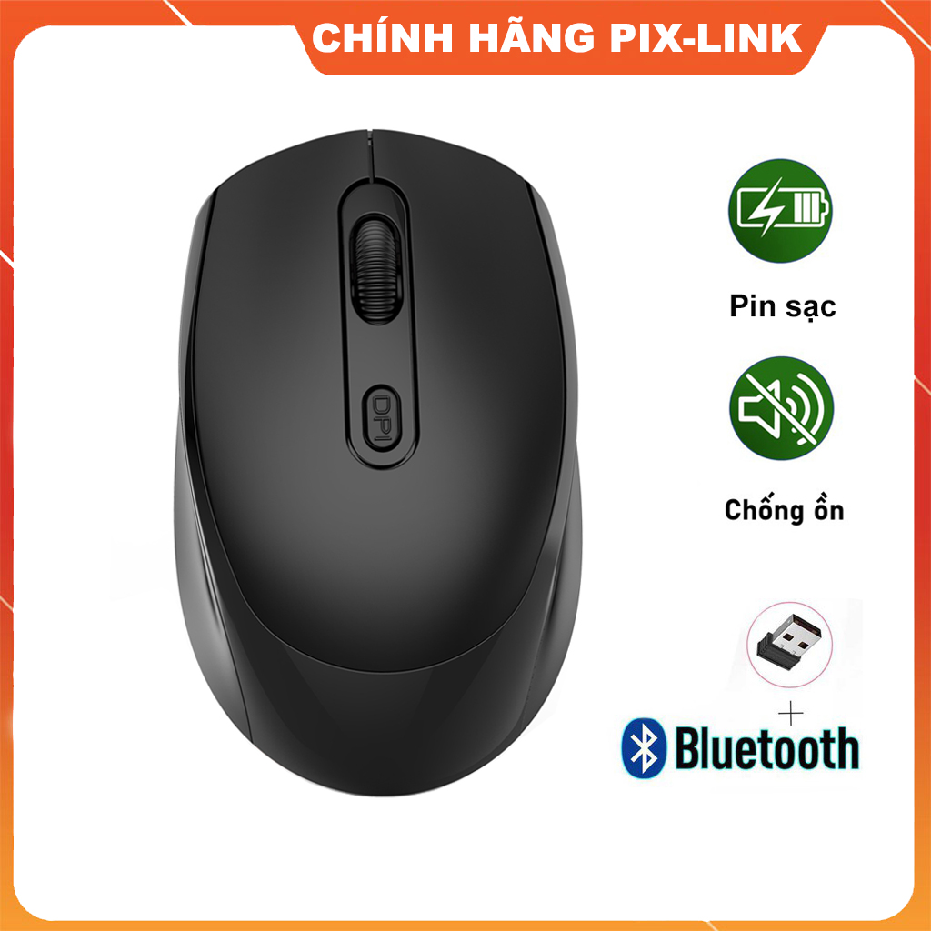 Chuột Không Dây Bluetooth Pixlink M100B Chống Ồn, Dpi 1600 Sạc Pin - Hàng Chính Hãng - Đen