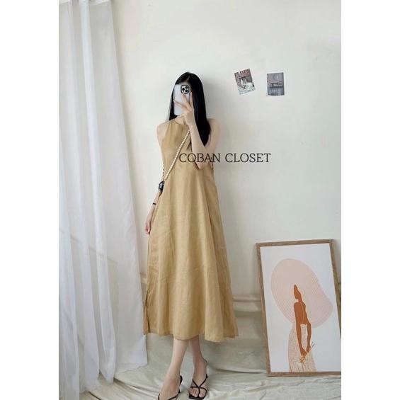 Đầm midi suông sát nách phối nút bọc
