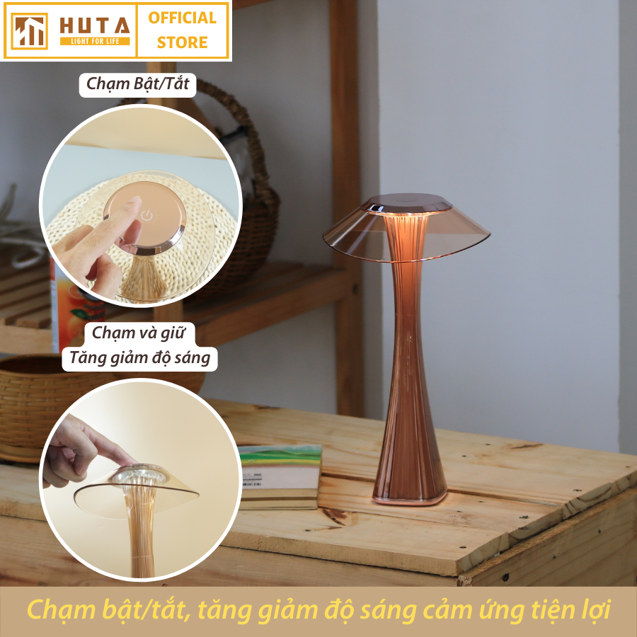 Đèn Led Để Bàn Quầy Bar Nhà Hàng Huta ET1 Cảm Ứng Tích Điện Pin Sạc Điều Chỉnh Độ Sáng, 3 Màu Sắc Ánh Sáng, Decor Trang Trí Quán Cà Phê, Lounge