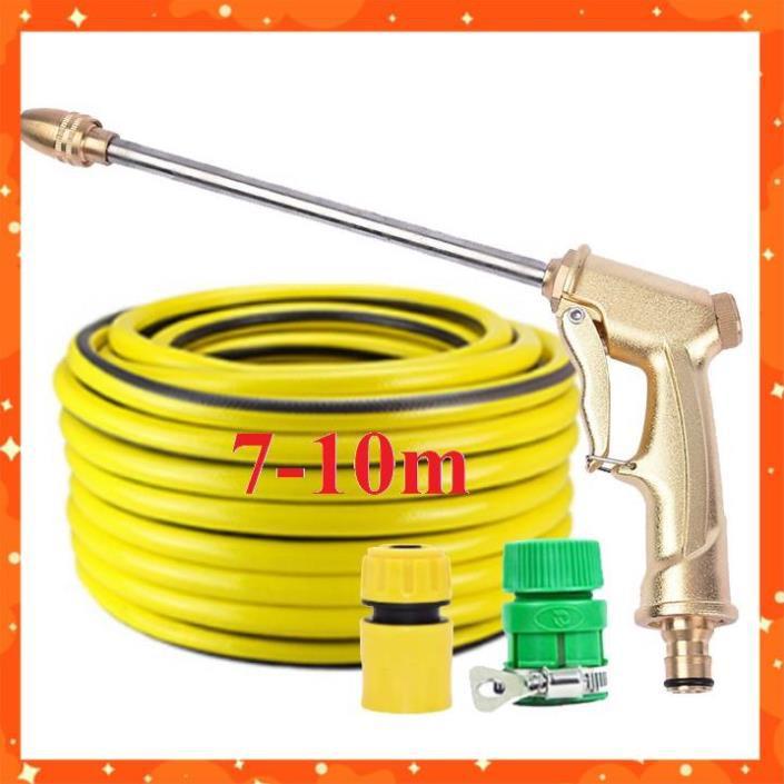 Bộ dây vòi xịt nước rửa xe, tưới cây . tăng áp 3 lần, loại 7m, 10m 206701-3 đầu đồng, cút,nối nhựa vàng