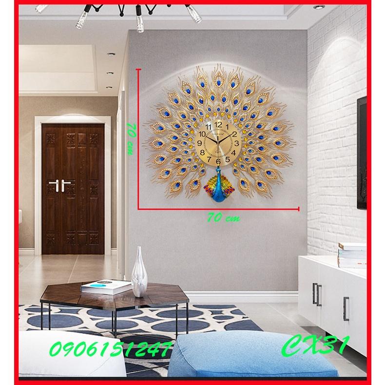 Đồng hồ treo tường trang trí decor chim công CX31 Khổng Tước vàng kích thước 70 x 70 cm