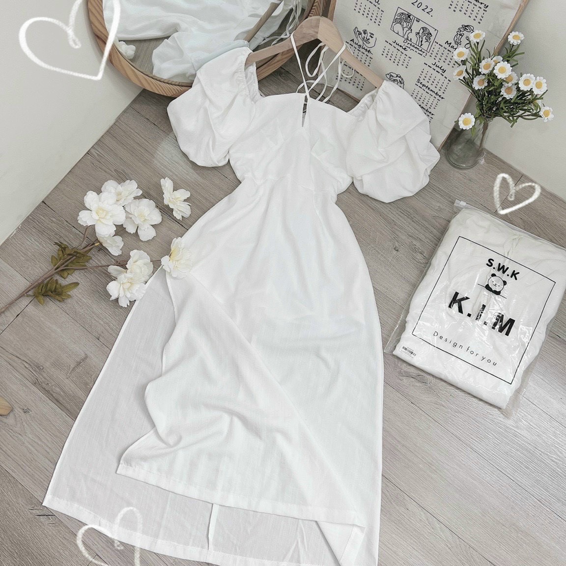 ĐẦM SUÔNG DÀI CỔ U DÂY YẾM XẺ ĐÙI MIDI TAY BỒNG TRẮNG ĐI BIỂN DẠO PHỐ DỰ TIỆC