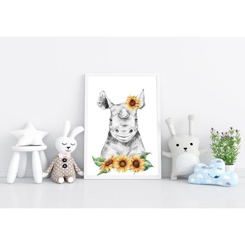 Tranh treo tường | Tranh cho bé-Rhino Wall Art for Nursery Decor, Rhino with Sunflowers Print 71 , tranh canvas giá rẻ