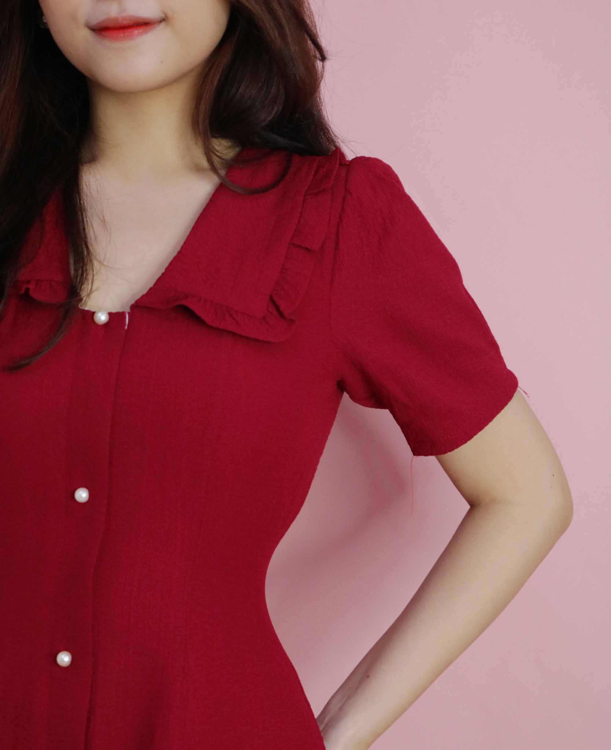 Đầm đỏ dự tiệc dáng xòe cổ v thanh lịch thiết kế cao cấp thời trang công sở đi tiệc đi làm eo tôn dáng