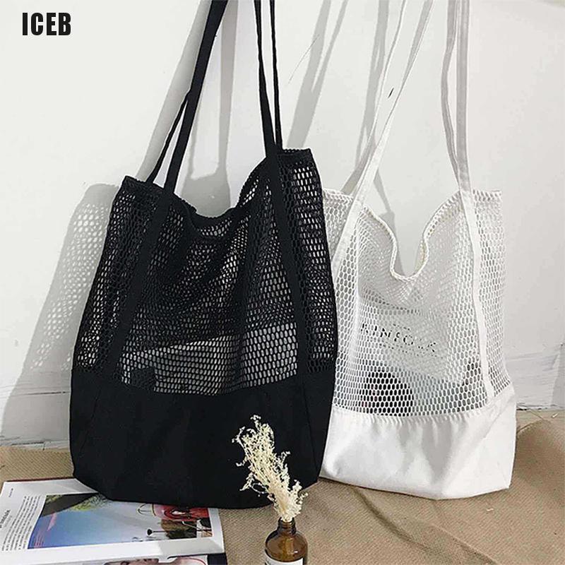 iceb Women's Transparent Mesh Single Shoulder Bag All-Match Shopping Beach Net Bag