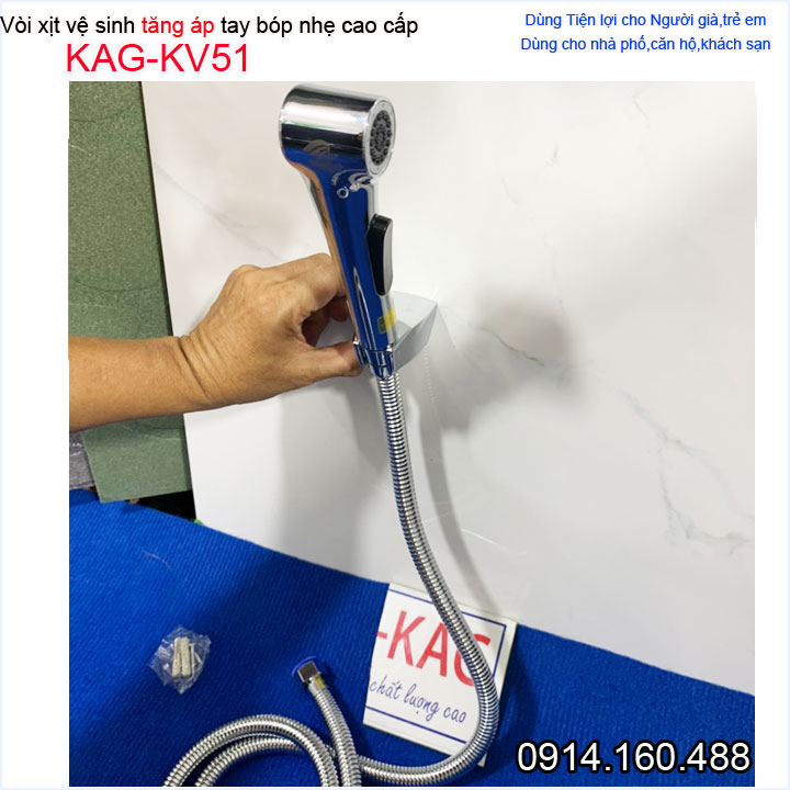 Vòi xịt vệ sinh ấn tay KAG-KV51, xịt rửa vệ sinh chrome bóng hand spray nhấn êm dùng cho trẻ em và người già tia nước mạnh sử dụng tốt