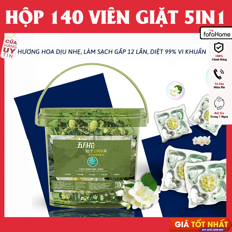 Hộp 140 Viên Giặt Xả 5 Trong 1 Siêu Sạch Siêu Thơm Tho Kháng Khuẩn 99% Hương Hoa Trà