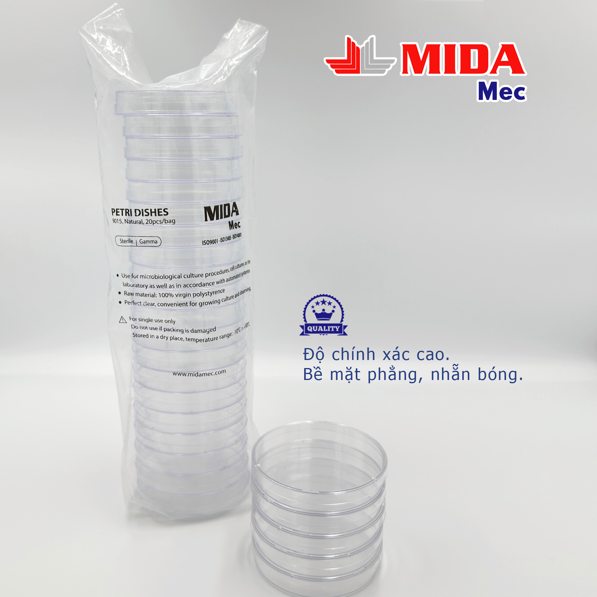 Đĩa Petri nhựa MidaMec 9015 đã tiệt trùng đóng gói 20 cái/bao