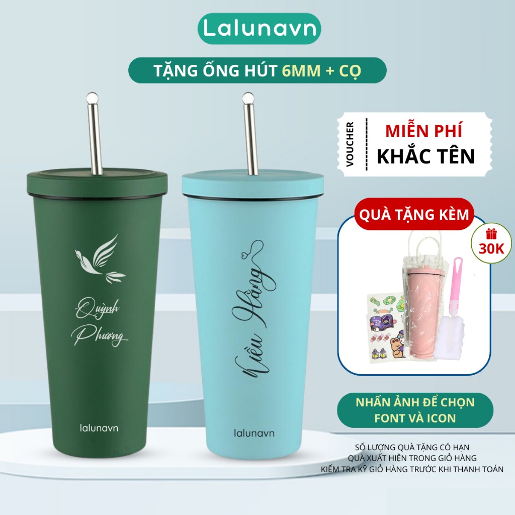 Ly giữ nhiệt 750ml Pastel KHẮC TÊN, cốc giữ nhiệt cao cấp inox 304, bình nước Lalunavn tặng sticker, ống hút