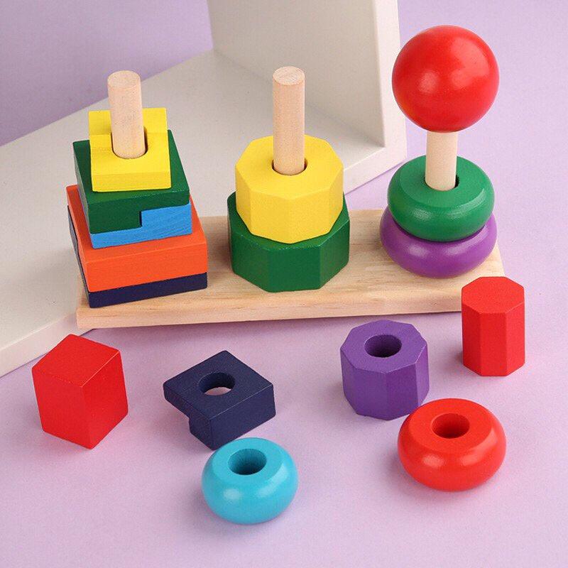 Tháp thả hình khối 3 cọc bằng gỗ montessori đồ chơi thông minh cho bé rèn luyện tư duy trí tuệ