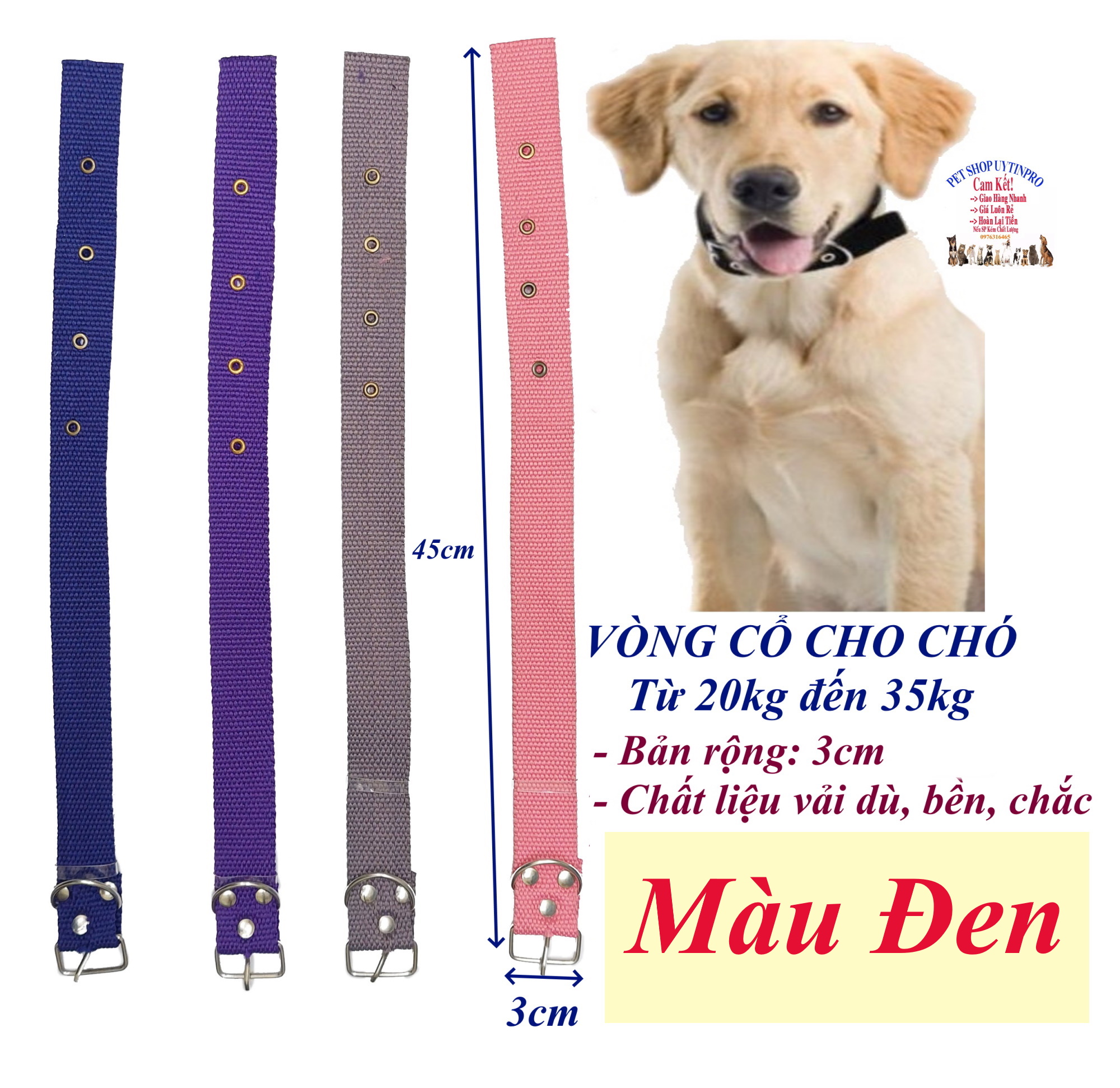 Vòng cổ cho Chó từ 20kg đến 35kg Bản rộng 3cm Chất liệu vải dù dày bền chắc, Có gài điều chỉnh, An toàn cho thú cưng