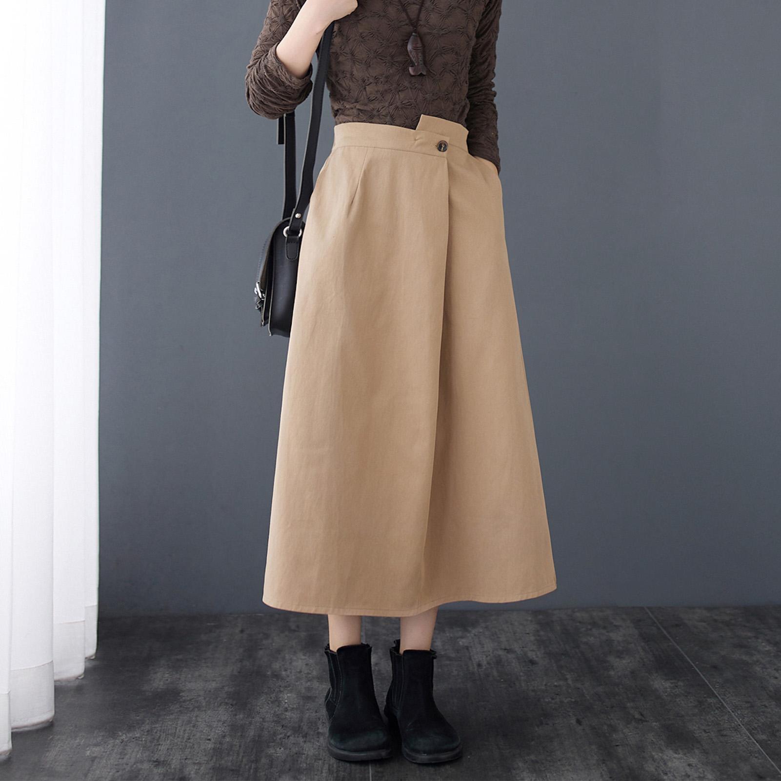 Women Vintage Skirt Irregular High Elastic Waist Pockets Plus Size Casual Loose A Line Skirt