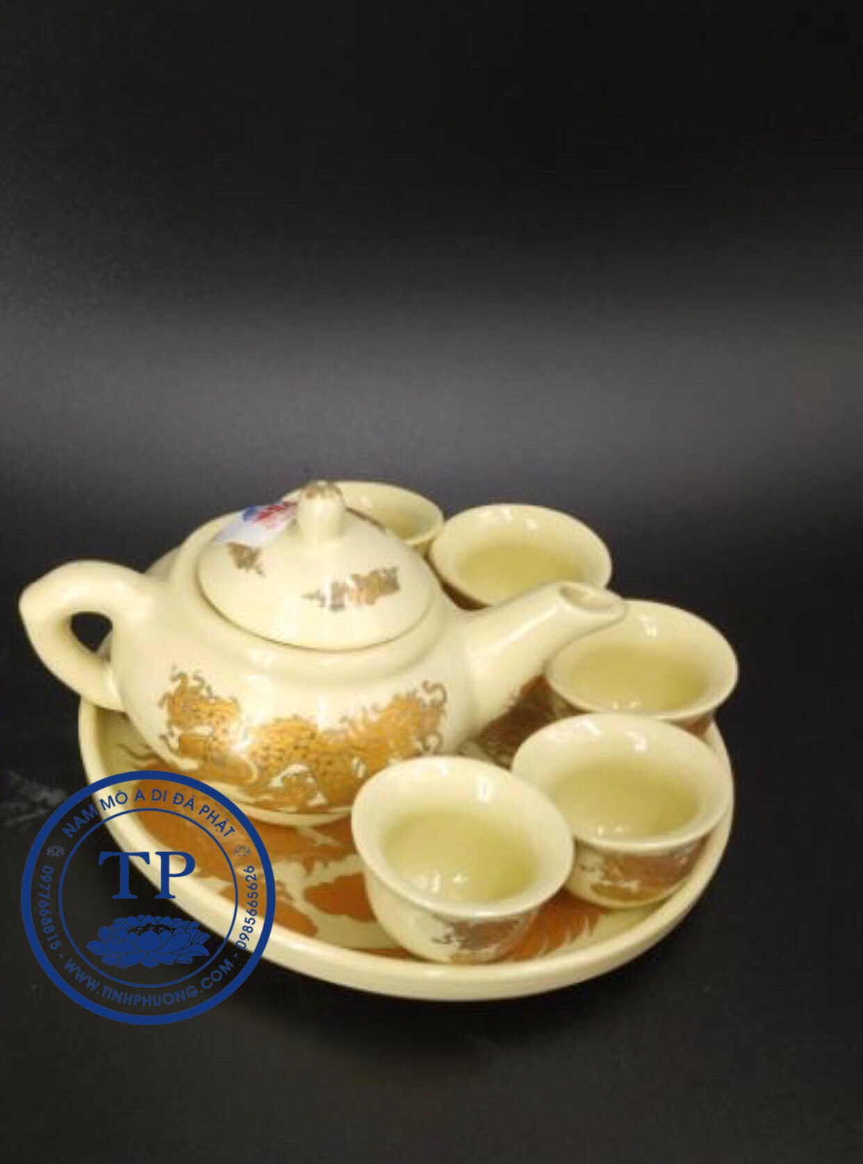 BỘ ẤM TRÀ CÚNG THẦN TÀI ,CÚNG GIA TIÊN BỘ BẰNG SỨ RỒNG VÀNG KH18147